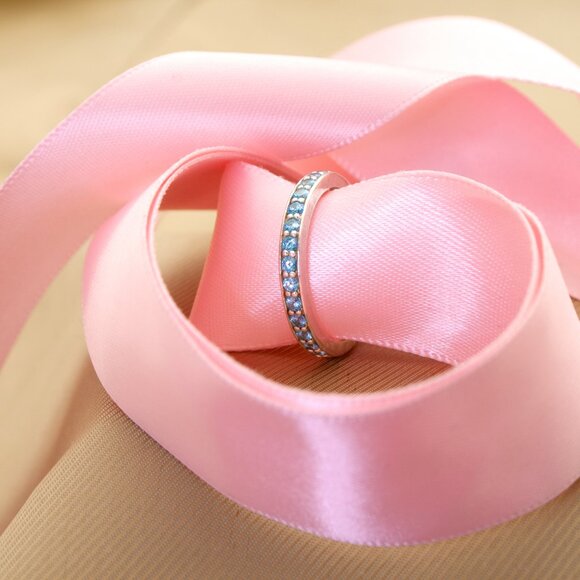 Sky Blue Sparkly CZ 925 Sterling Silver Band Ring, Stacking Band Ring, Size 5.5 - Picture 6 of 9